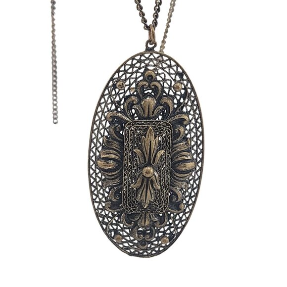 Vintage Elaborate Signed Czechoslovakia Layered Brass Pendant Necklace (A3491) - Picture 2 of 6